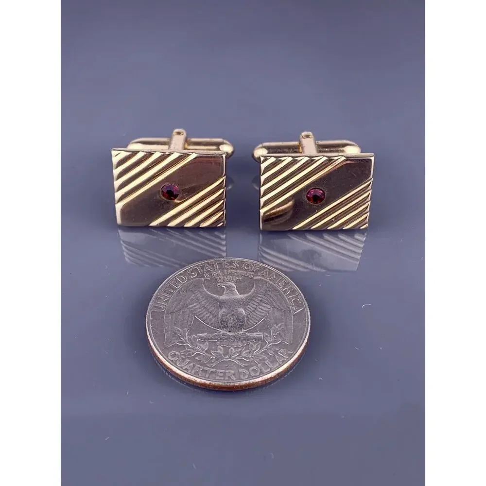 Simple Red Rhinestone Gold Tone Cufflinks Diagonal Lines Mid Century Swank VTG